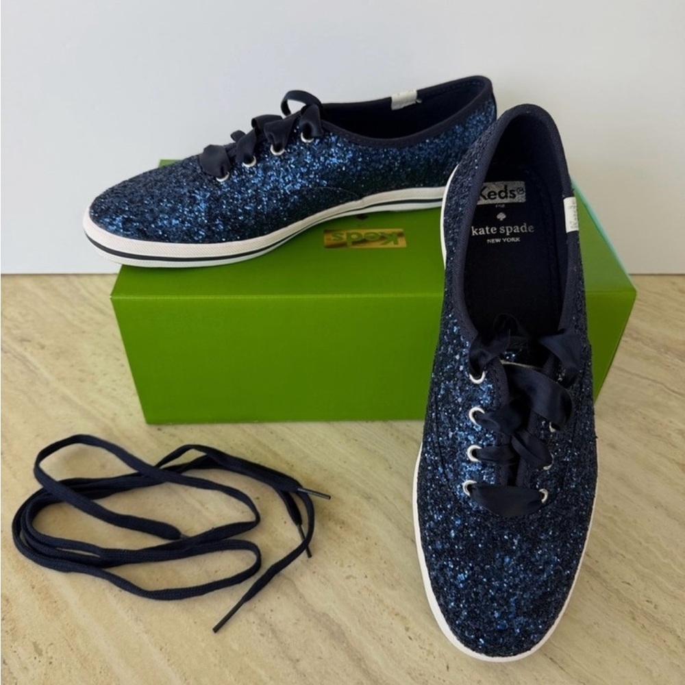 NEW IN BOX Keds x Kate Spade navy glitter low-top sneaker - Picture 2 of 8